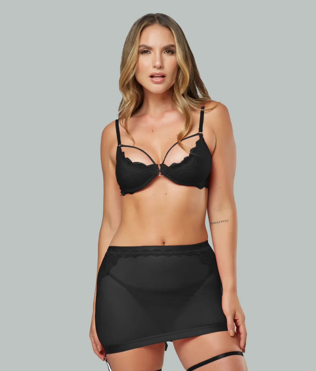 FML3001 FemmeBasics Temptress Trilogy Set - Skirt, Underwired Bra, Thong* Onyx